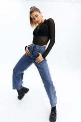 Mesh Half Zipper Solid Bodysuit