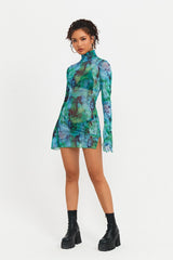 Abstract Print Split Hem Mesh Long Sleeve Mini Dress Without Underwear