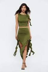 Ruffle Trim Sleeveless Crop Top & Split Hem Skirt Set