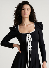 Black and White Ruffle Neckline Tie Waist Mini Dress