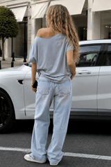 Casual Loose Number Print Off Shoulder Crew T-shirt