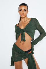 Plunging Neck Long Sleeve Top & Tie Side Skirt Set Without Underwear