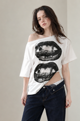 Hip Hop Lip Print Asymmetric Neck Sexy T-shirt