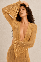 V Neck Belted Sequin Knit Maxi Dress