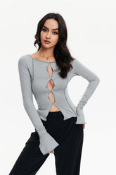 Cut Out Seam Detail Split Cuff Long Sleeve Top