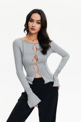 Cut Out Seam Detail Split Cuff Long Sleeve Top