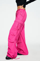 Drawstring Waist Pocket Patched Parachute Pants