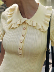 Slim Fit Collar Knit Short Dress with Metal Button