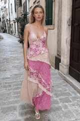 Deep V Ruffle Floral Lace Patchwork Cami Maxi Dress