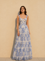 Floral Print Sleeveless Backless Lace-up Floral Dress
