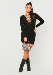 Janette Black Knitted Mini Dress With Tie Front