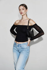 Backless Lace Paneled Off Shoulder Crop Top