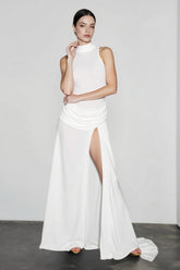 Slit Open Back Halter Ruched Maxi Vacation Dress