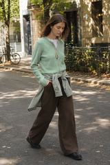 Green Wool Blend Crew Neck Knit Cardigan