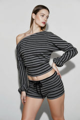 Printed Striped Loose Asymmetric Shoulder Blouse