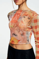 Mesh Character Print Long Sleeve Crop Top