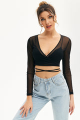 Mesh V Neck Crisscross Tie Crop Top