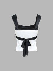 Semi-Sheer Two Tone Satin Tied Zippered Top