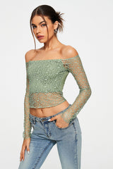 Off Shoulder Cut Out Crochet Splicing Long Sleeve Top