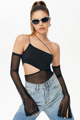 Mesh Splicing Off Shoulder Long Sleeve Crop Top