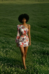 Women Fashion Floral Print Cutout Lantern Long Sleeve Dress
