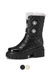 Kristen Women's Black High Heel Snow Boots with Pearl Mid-Calf Decoration