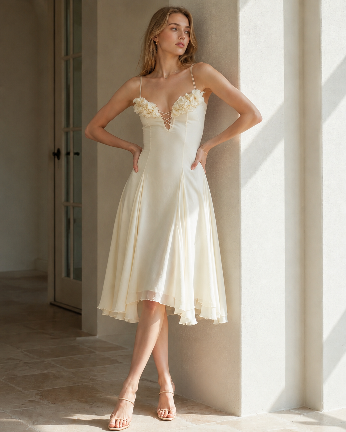 3D Flower Deep V Patchwork Spaghetti Strap Romantic Midi Dress