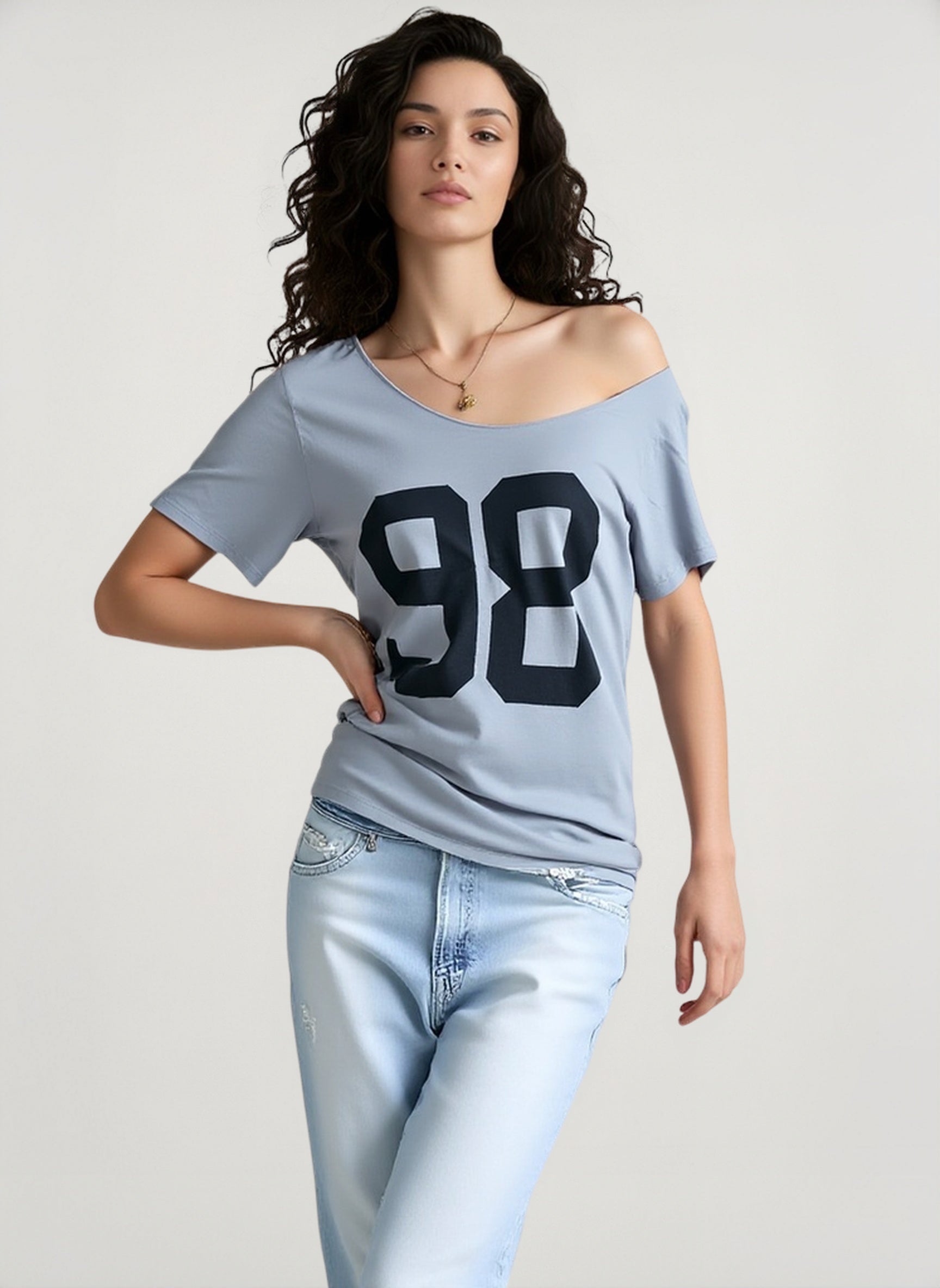 Slouchy Number Print Off Shoulder T-Shirt