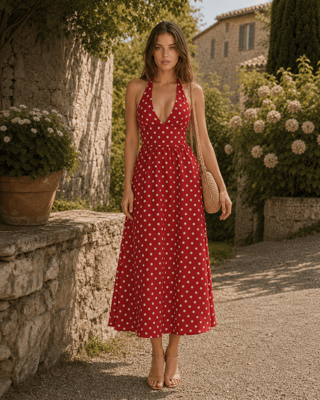 Red Polka Dot V-Neck Halter Backless Maxi Dress