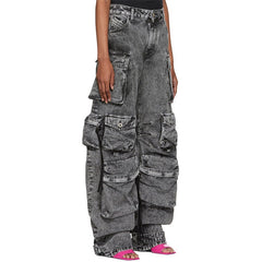 Multi Pocket Rolled Hem Wide Leg Cargo Jeans