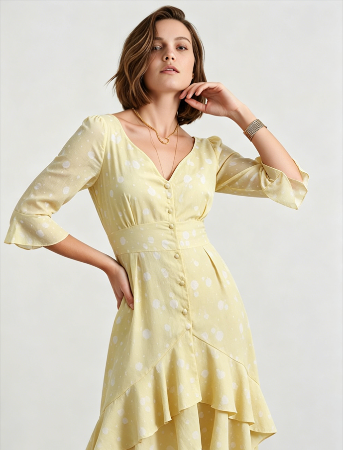 Asymmetric Ruffled Sleeve High Waist Floral Dress