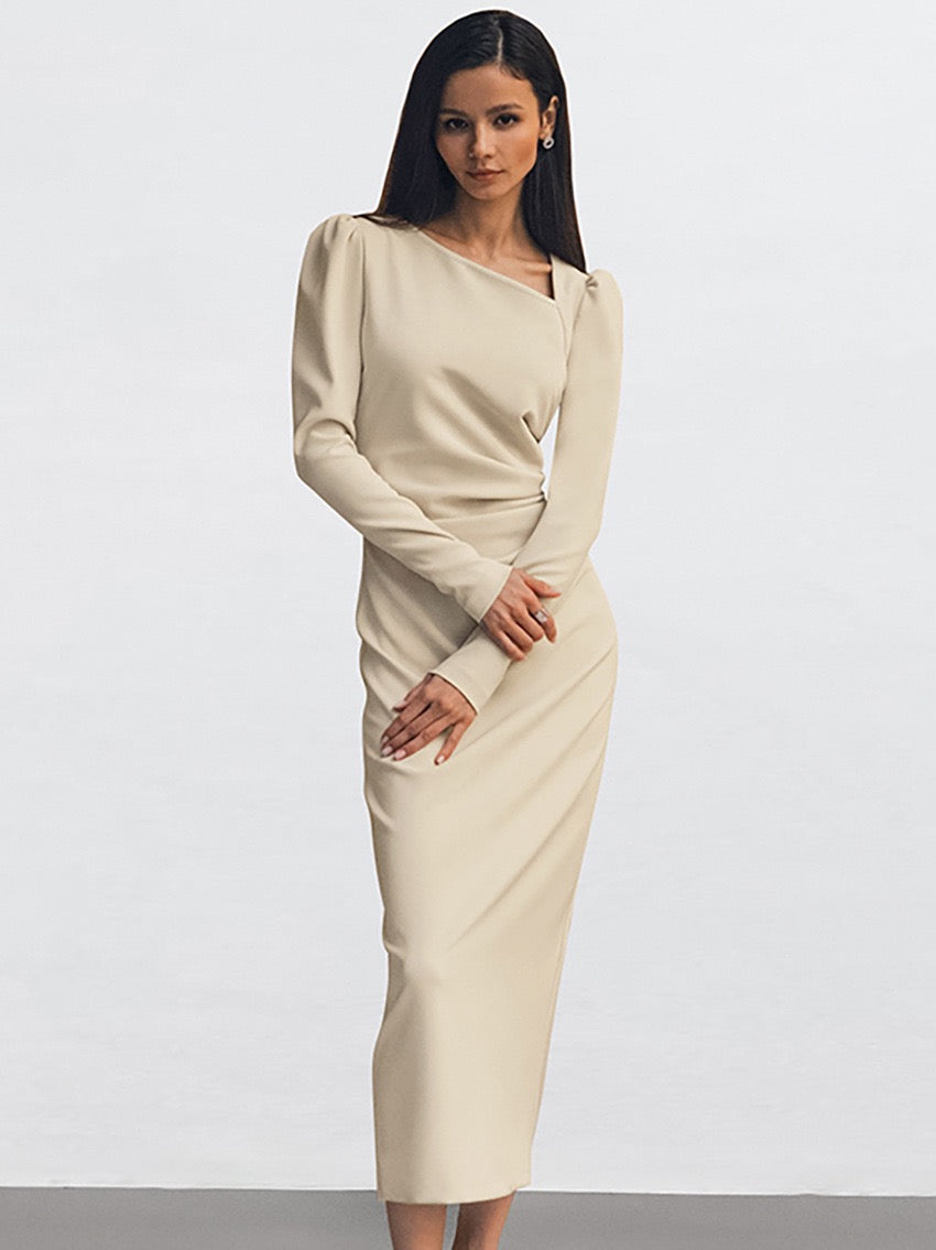 Ribbed Knit Asymmetric Long Sleeve Bodycon Long Dress