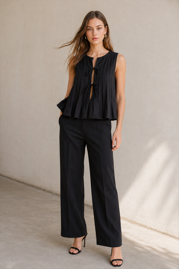 Solid Ruffled Tie Linen Cotton Shirt Tank Top