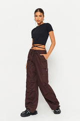 Low Waist Pocket Patched Drawstring Hem Cargo Pants