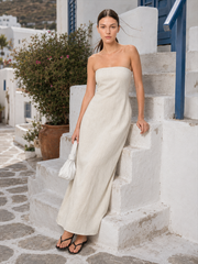 Khaki Cotton Linen Strapless Backless Maxi Dress