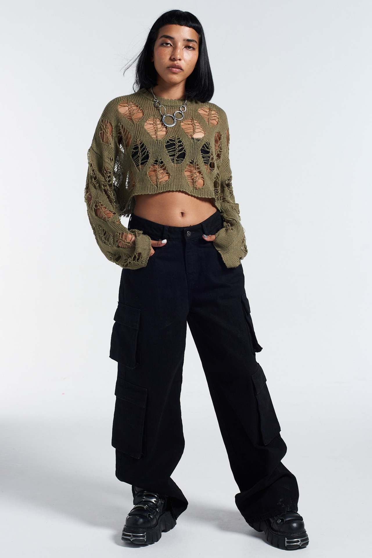 Round Neck Ripped Open Knit Long Sleeve Top