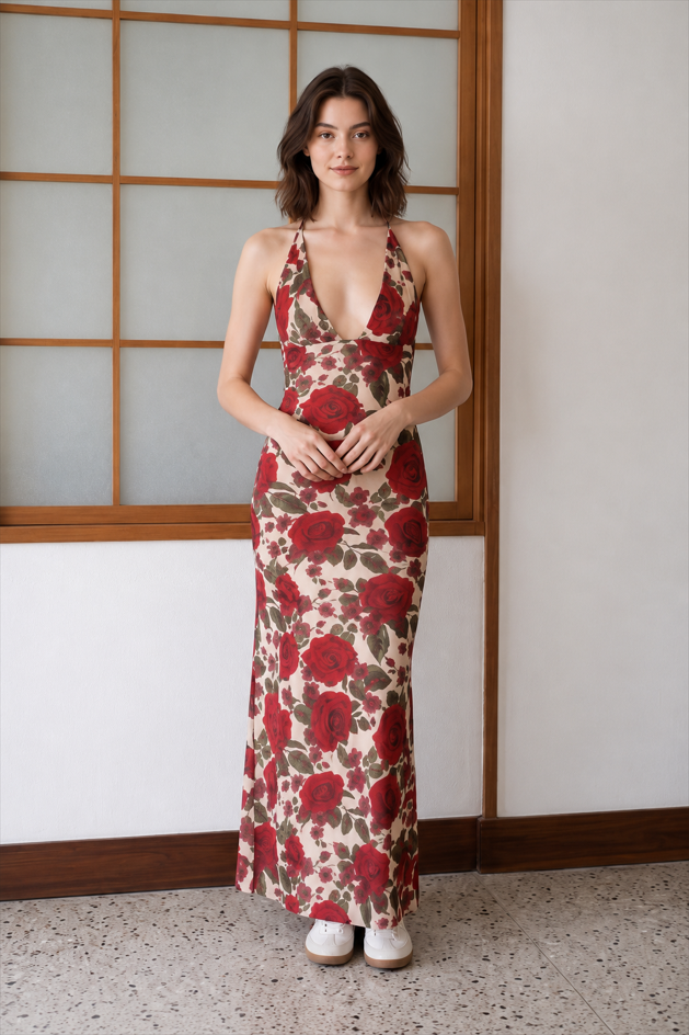 Printed Spaghetti Strap Backless Slim Maxi Dress