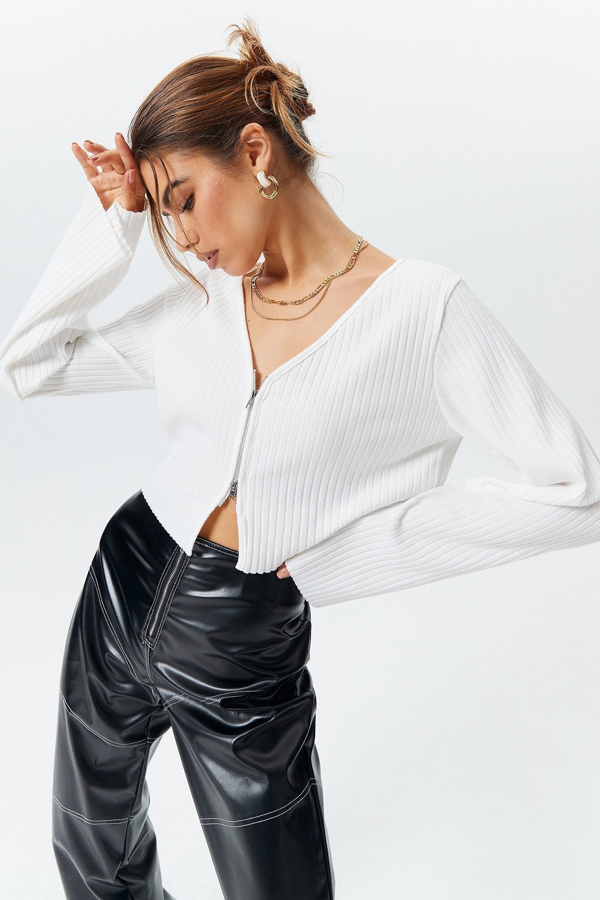 Crop Ribbed Zipper Front Long Sleeve Blouse
