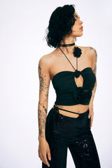 Floral Decor Halter Neck Ruched Backless Crop Top