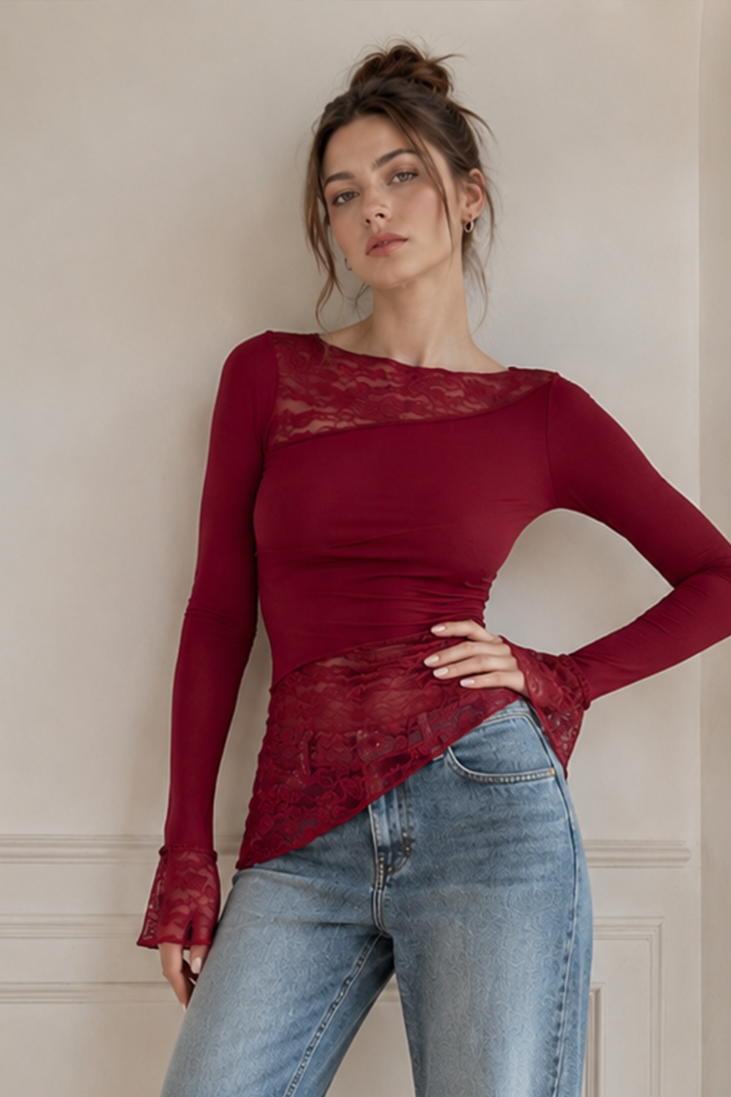 Vintage Slim Fit Floral Detail Long Sleeve Long Sleeve Tee