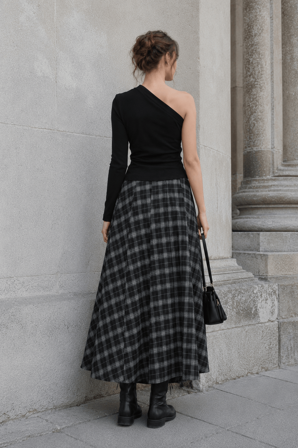 Asymmetrical Black White Plaid Slim-Fit Skirt