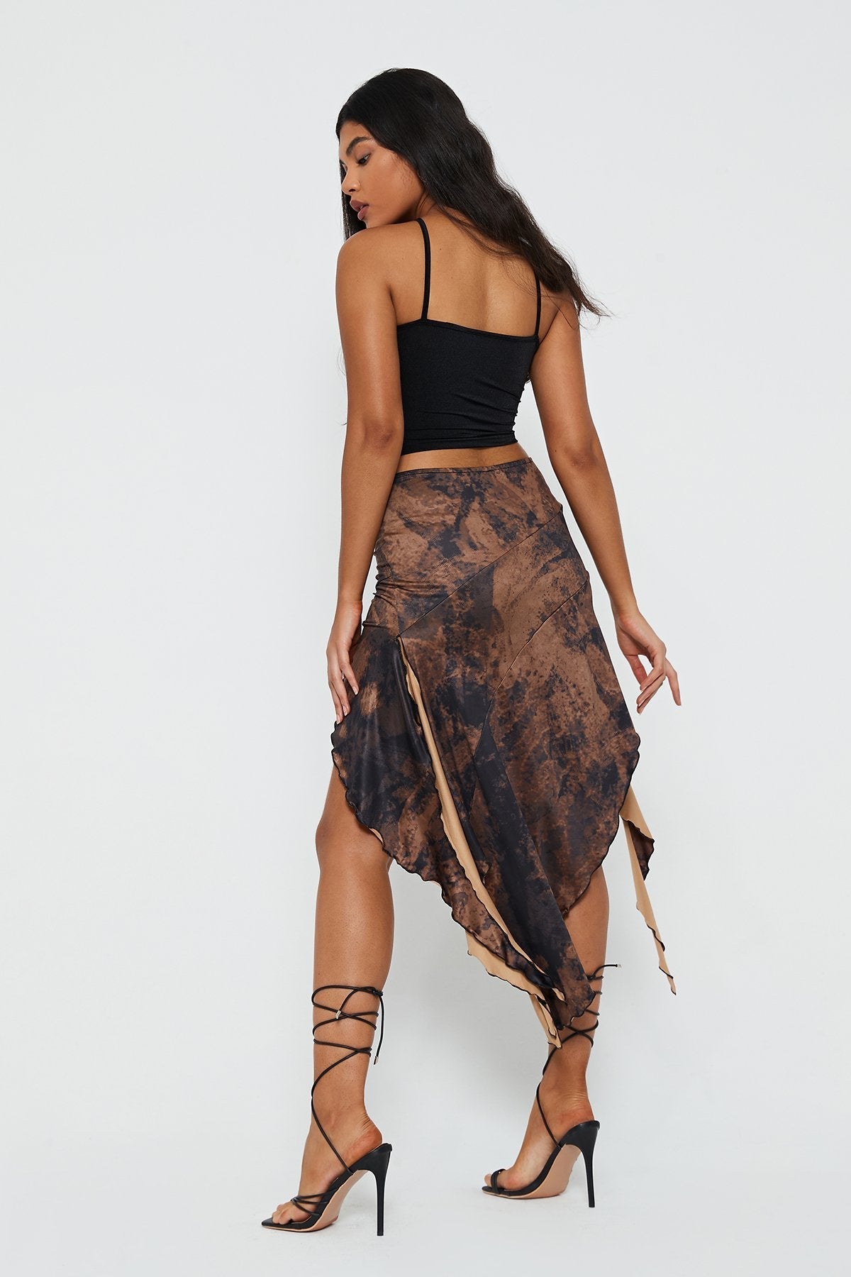 Lace Up Abstract Print Asymmetrical Hem Midi Skirt