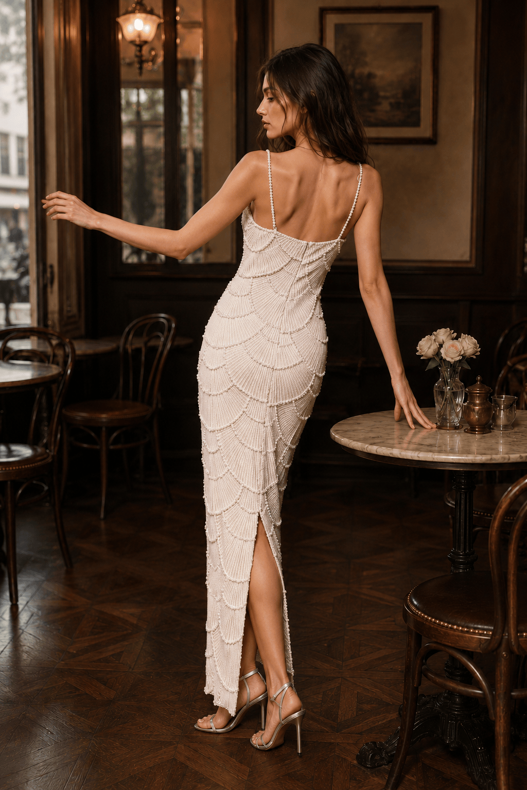 Sequin Beaded Cutout Waist Spaghetti Strap Evening Dress