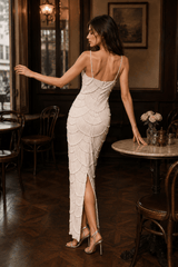 Sequin Beaded Cutout Waist Spaghetti Strap Evening Dress