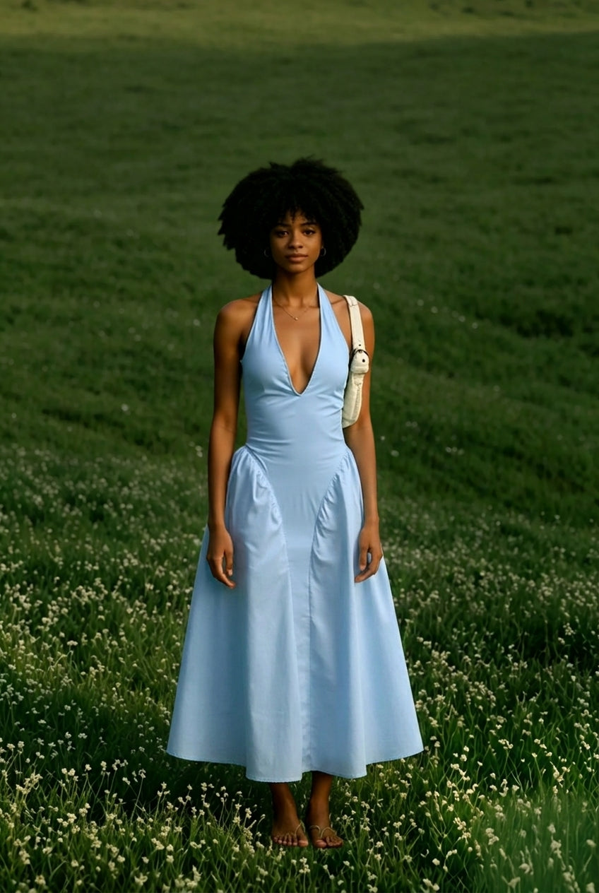 Backless Deep V Spliced Long Midi Dress