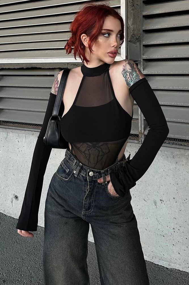 Mesh Cutout Stretch Long Sleeve Bodysuit
