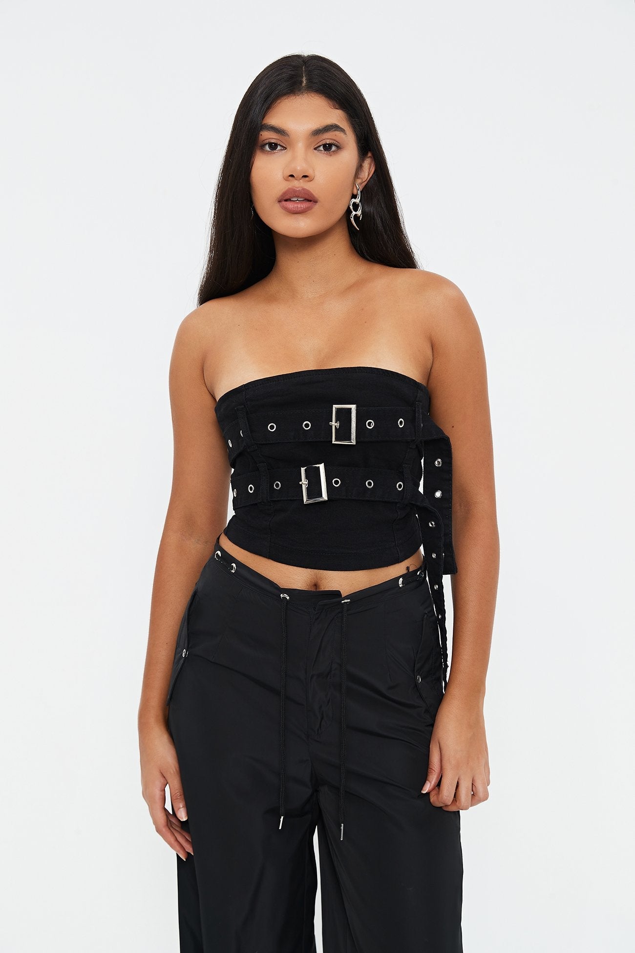 Off Shoulder Belt Decor Denim Crop Top
