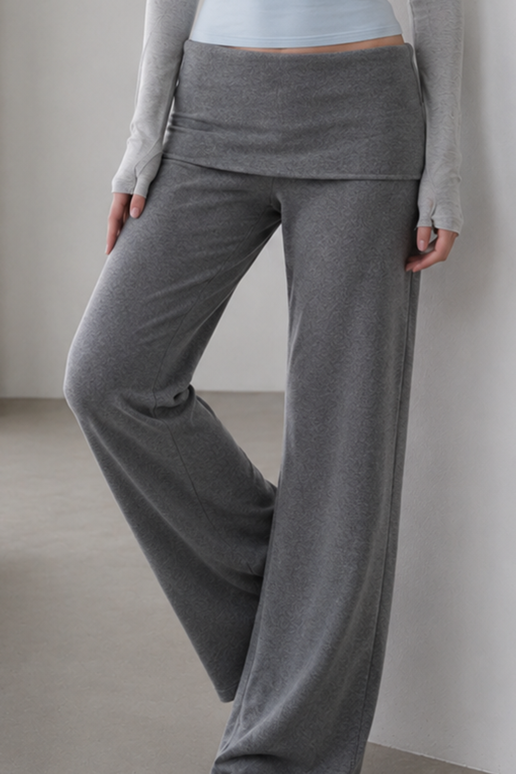 Solid Knit Foldover Waist Flowy Pants