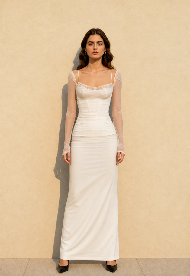 Mesh Lace Patchwork Boned Fitted High Slit Elegant Maxi Dress