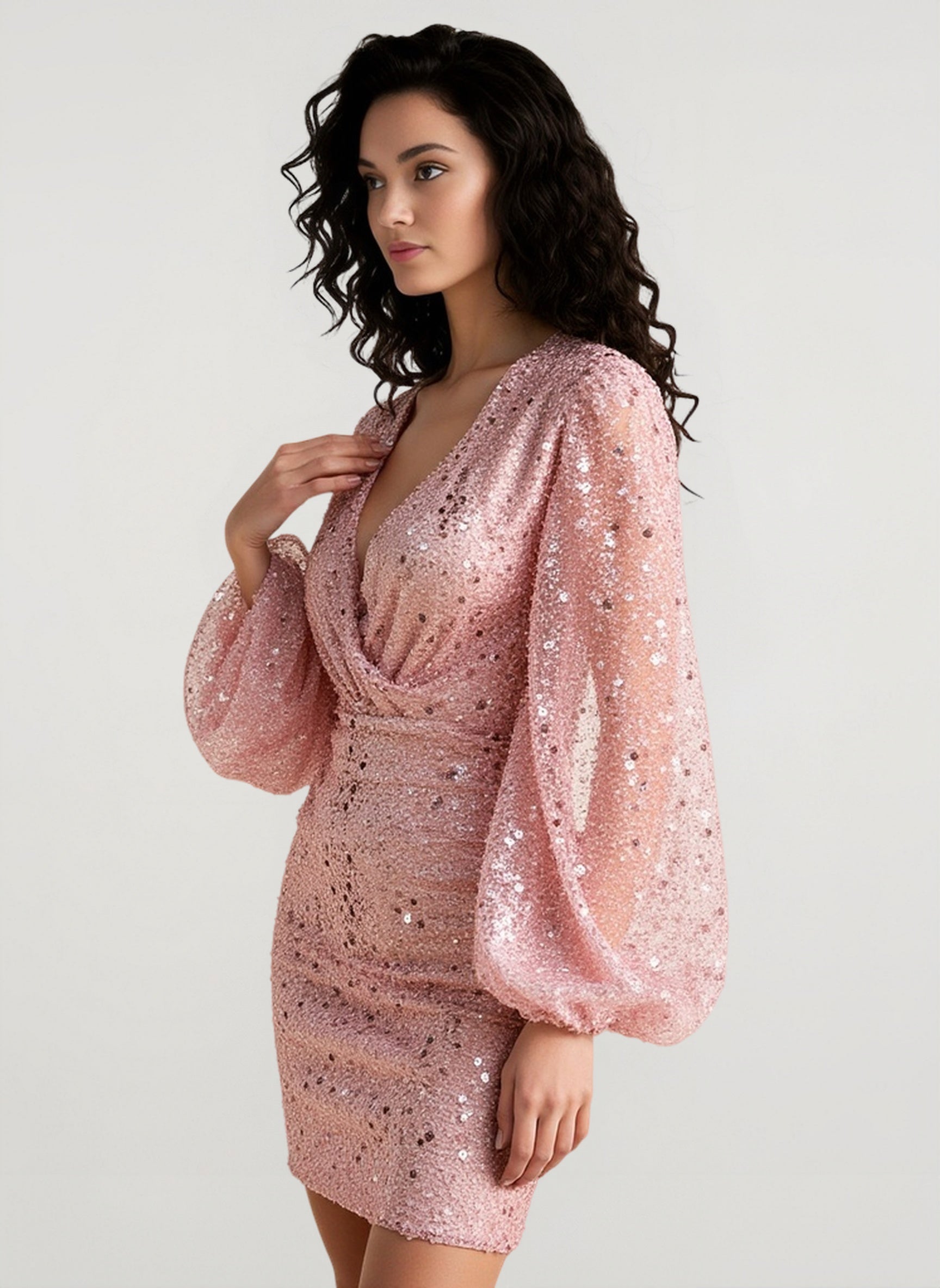 Long Sleeve V-Neck Sequin Bodycon Mini Sequin Dress